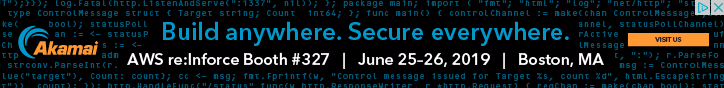 akami's display banner ad matches their landing page. post-click optimization. blue text on black background with light blue text. advertising their booth at aws convention in boston ma