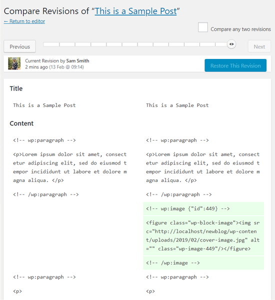 Tela de revisão do WordPress Post