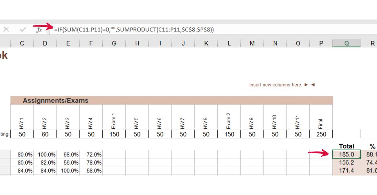 gradebook sheet | total formula for each student