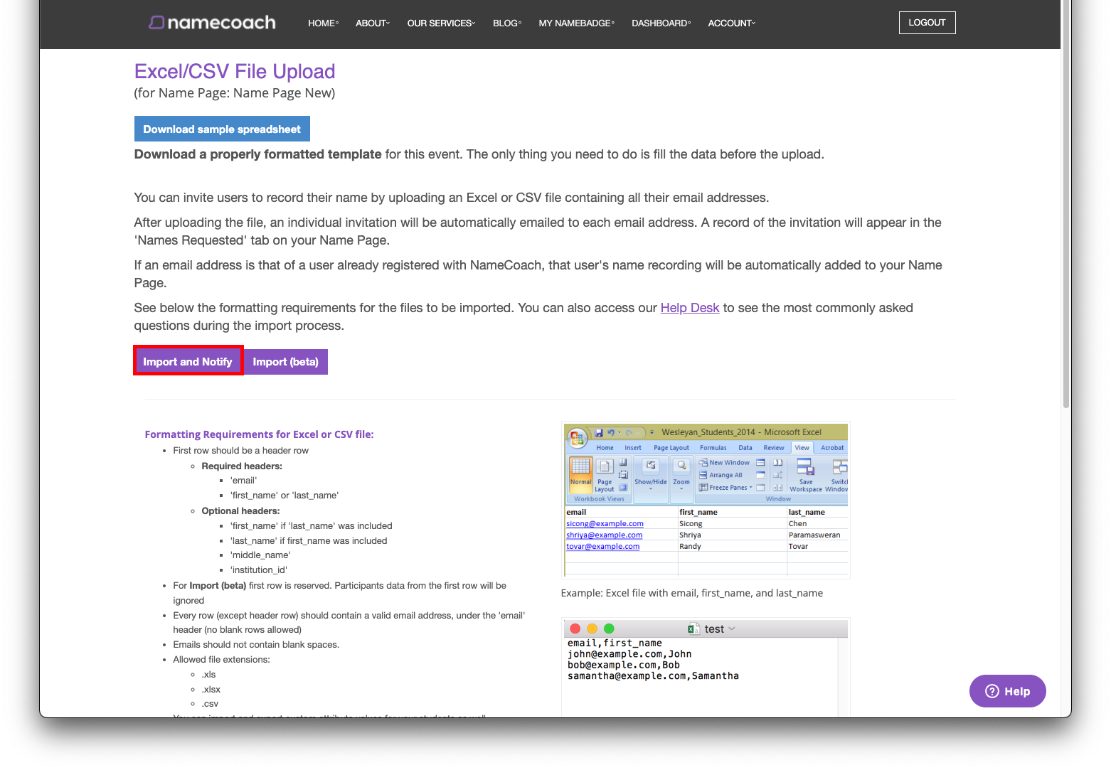 Excel/CSV File Upload page with instructions and the Import and Notify button highlighted