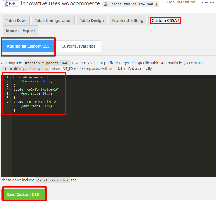 Ninja Tables custom CSS easy