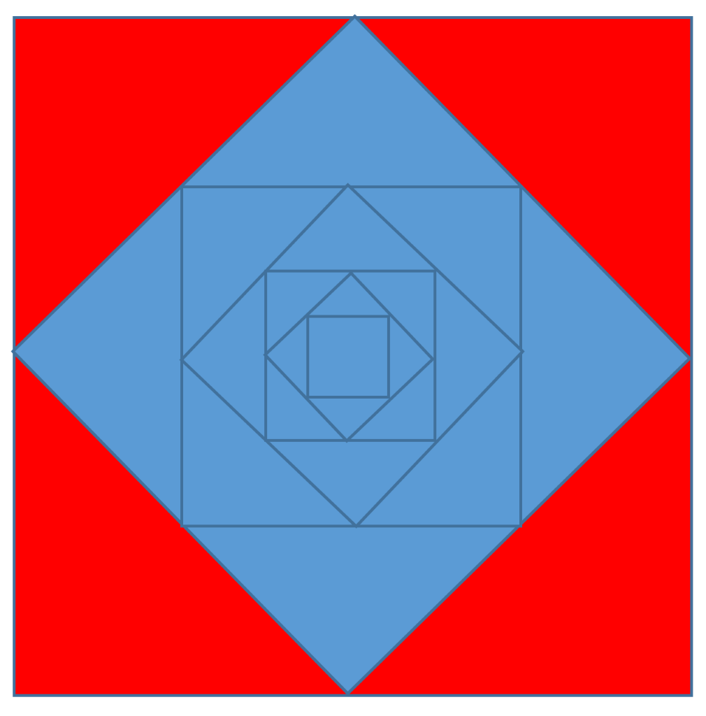 
7 concentric squares rotated at 90 degrees from each other. Each square is half the area of the one outside it.
Largest square is coloured red.