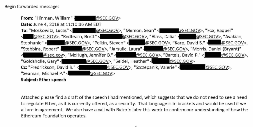 An Image of the email sent from William Hinman to his colleagues. 