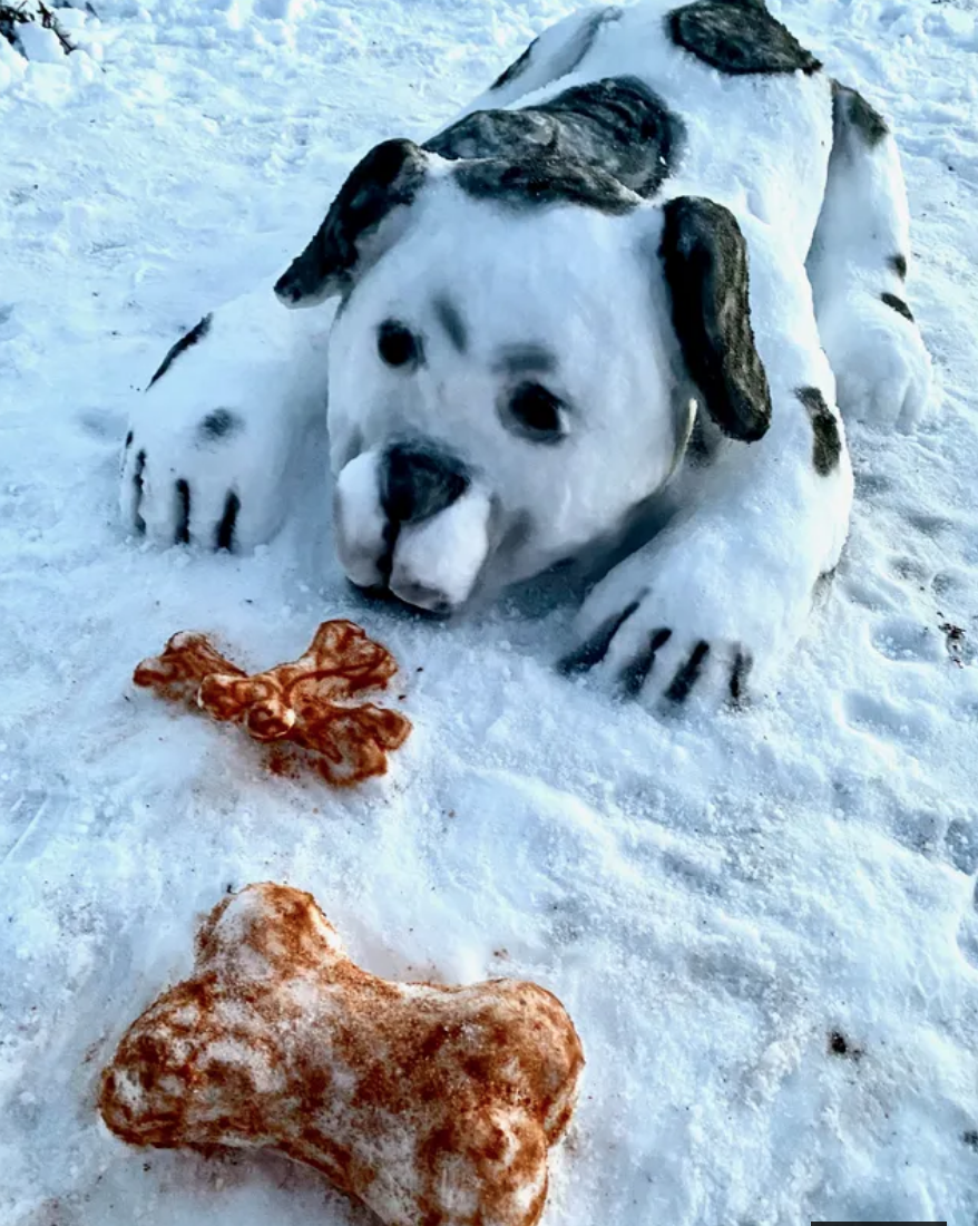 Snow sculpture of dog sniffing bones