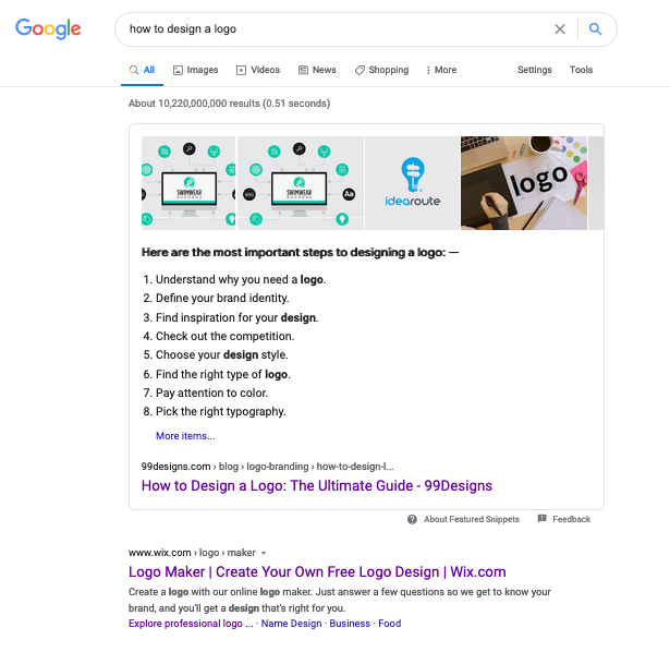 Digital Marketing Trends in 2023: Featured snippet of 99designs for “How to design a logo”