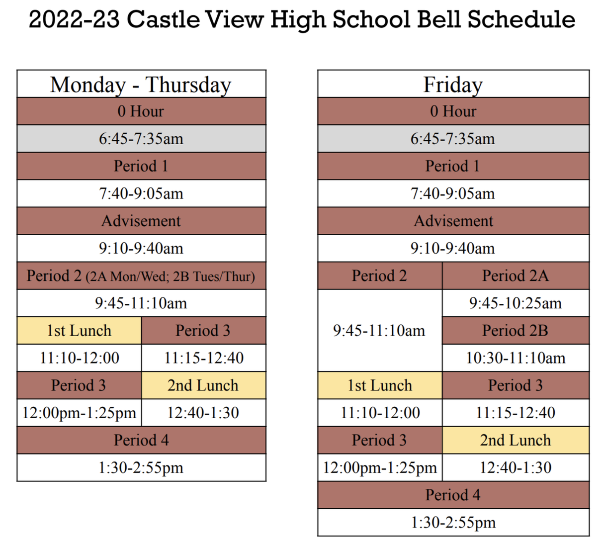 22 23 Bell Schedule Castle View High School