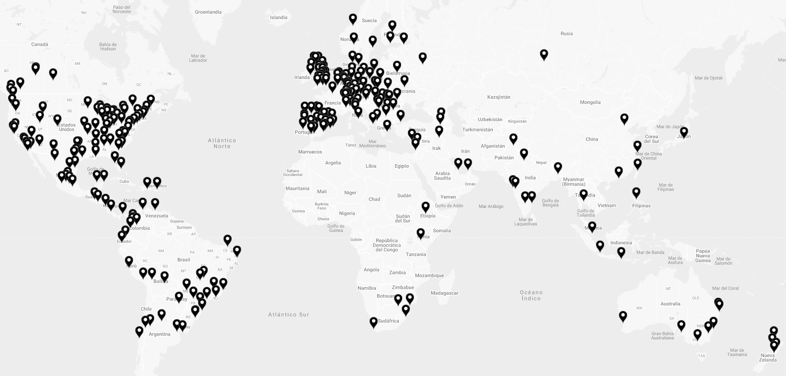 Mapa de ciudades en las que funciona Ladies Wine & Design