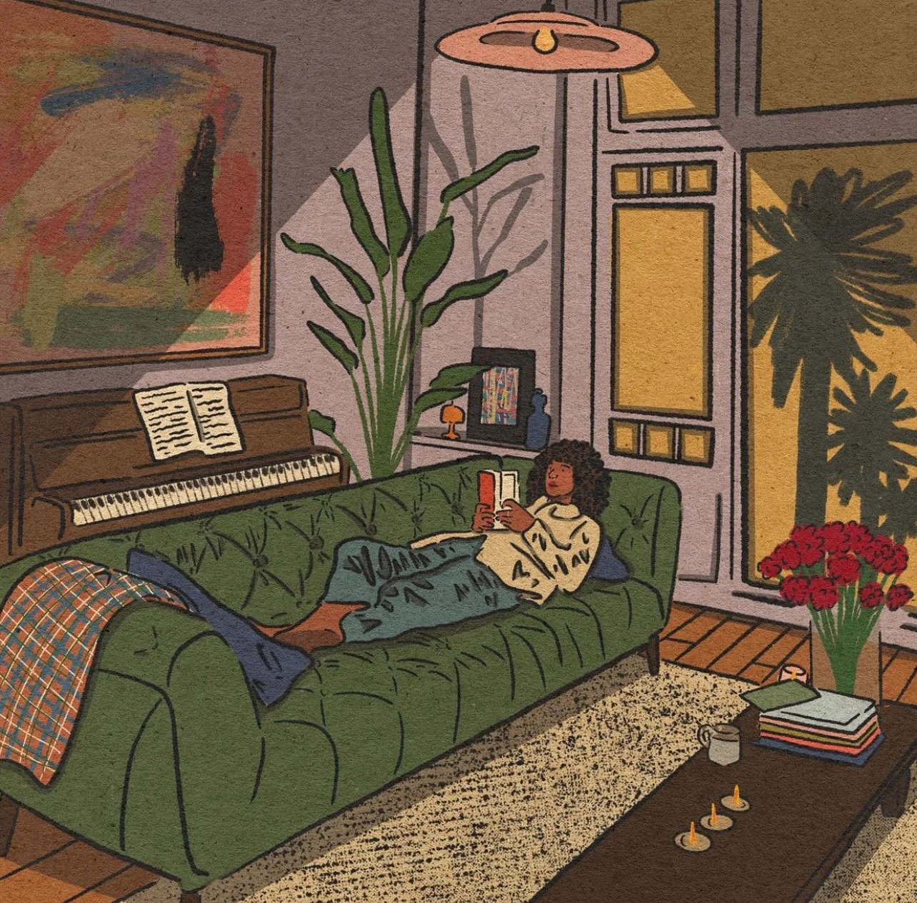 colorful print of a woman reading on the couch with plants and decorative accessories around