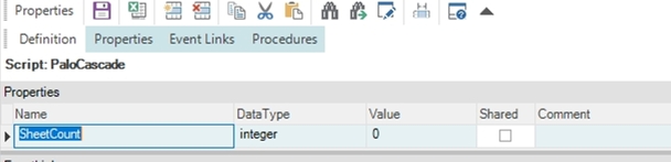  Finally, I added a bit of Workbook Scripting.
First I added a property called SheetCount and set the Value to 0. This will track how many sheets get built during the Cascade.