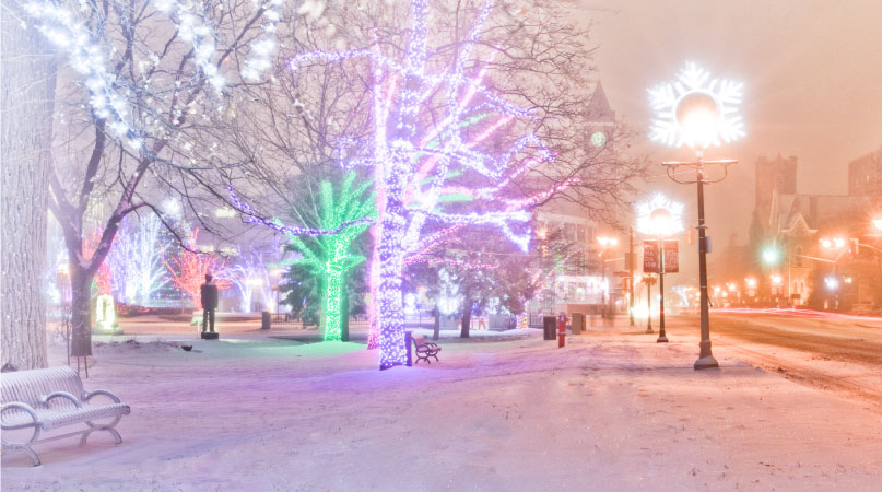 Gage Park in Brampton comes to life in winter. The snow-covered streets and trees are decorated in purple, green, and red lights to celebrate the season. The orange streetlights add to the spectacle of lights.