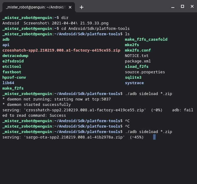 Fenêtre progression installation par le biais du Terminal