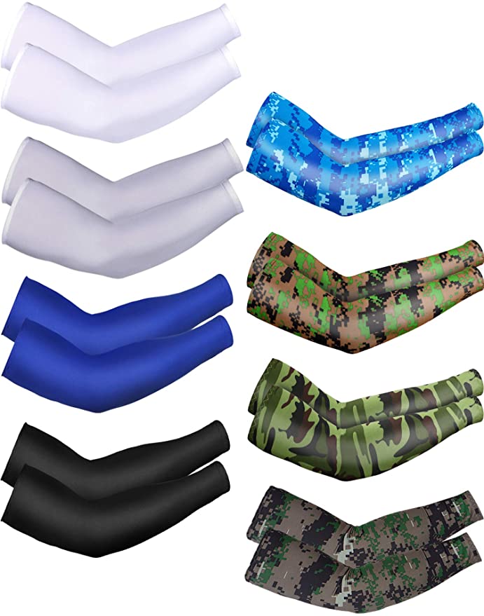 8 Pairs Unisex UV Protection Arm Cooling Sleeves Ice Silk Arm Cover (Black, White, Grey, Royal blue, Camouflage, Army Green Camouflage, Blue camouflage, Green camouflage, Ice Silk)