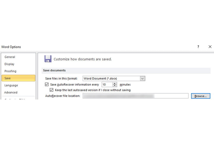 Le champ Emplacement du fichier de récupération automatique sur Microsoft Word.