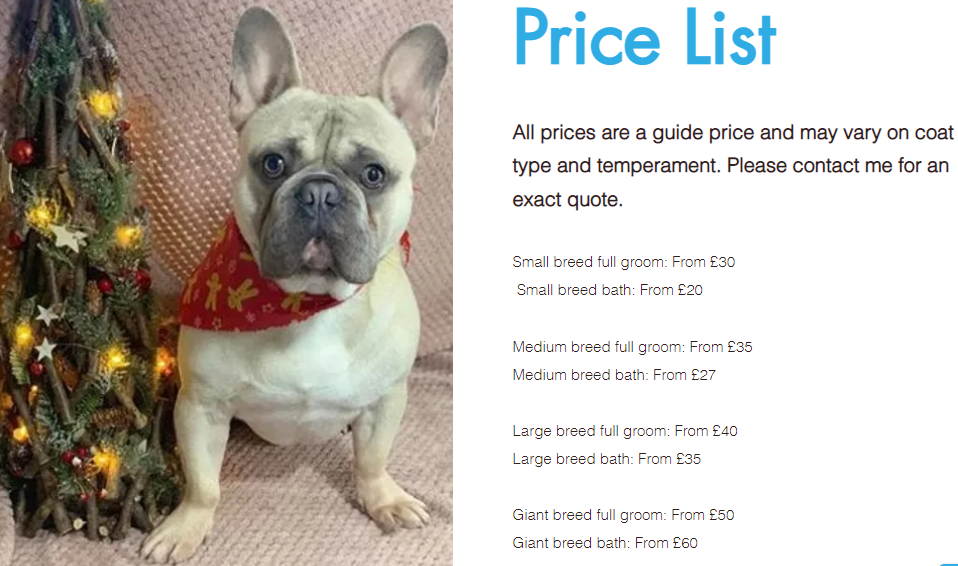 Mobile dog grooming price list