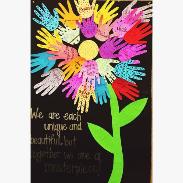 A flower of handprints bulletin board