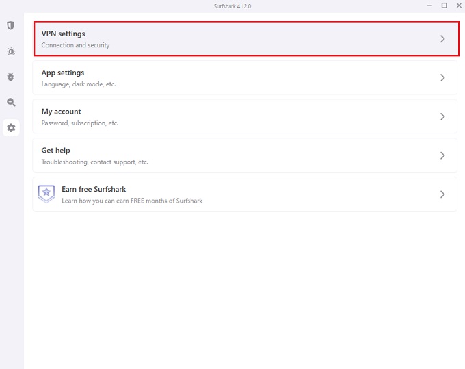 Surfshark VPN connection settings tab