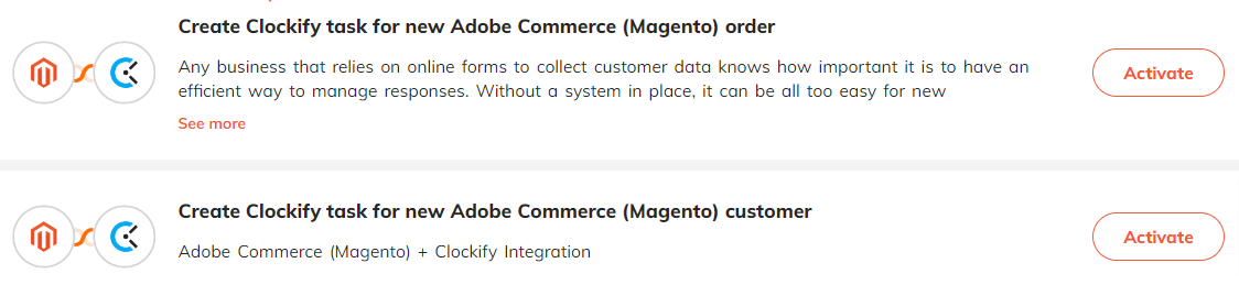 Popular automations for Adobe Commerce (Magento) & Clockify integration.