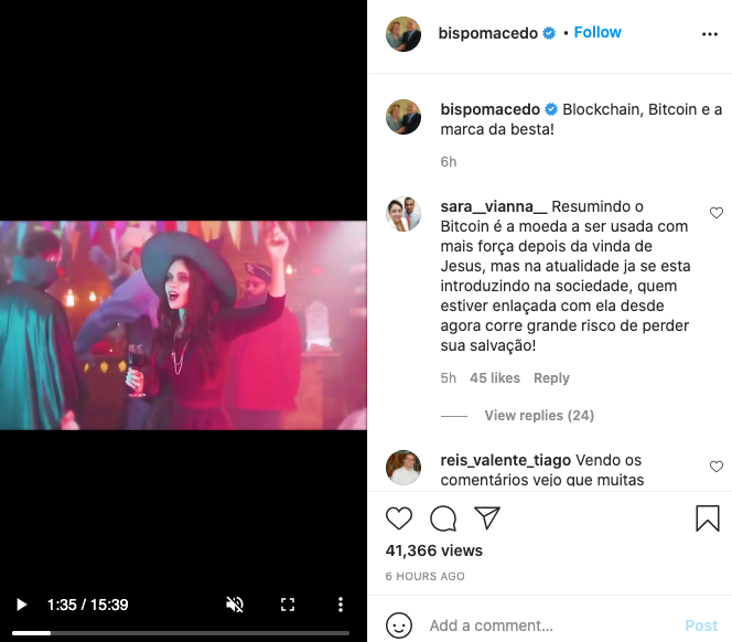 vídeo publicado no perfil de Bispo Edir Macedo