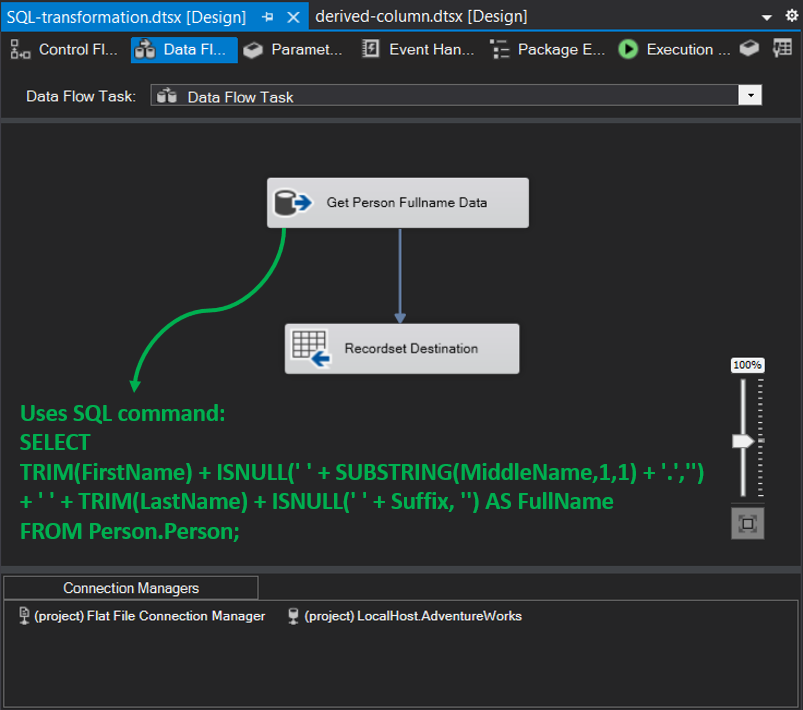 Using SQL transform in SELECT statement in a SQL Server database.