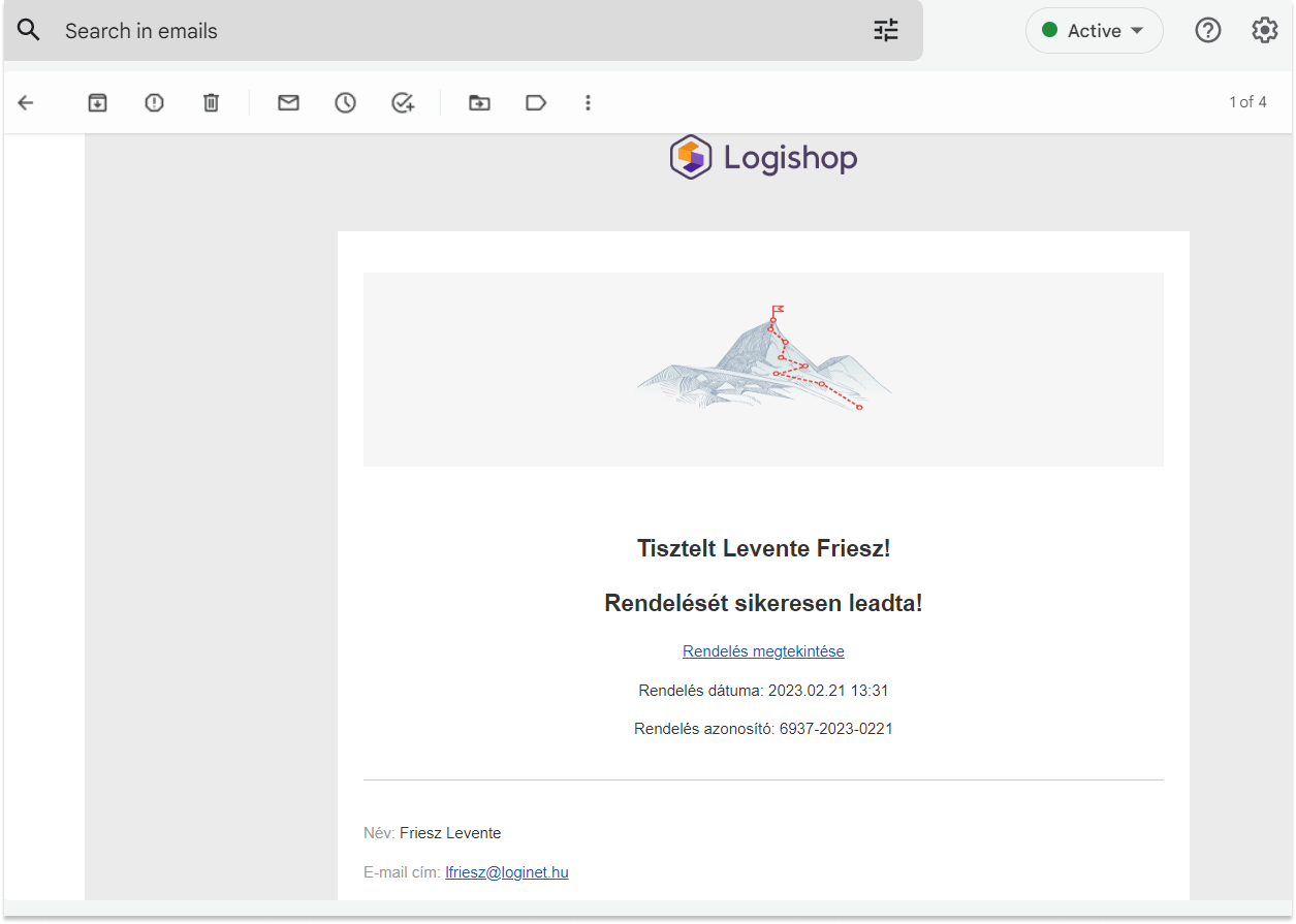 Logishop:  visszaigazoló e-mail a vásárlónak