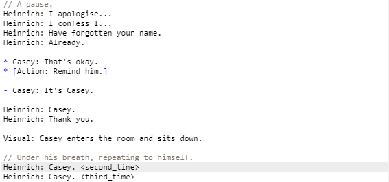  written scene from the game that demonstrates the use of differentiators - at the end of a line that is exactly the same as a previous line, there’s a “differentiator” - a unique word surrounded by angle brackets.