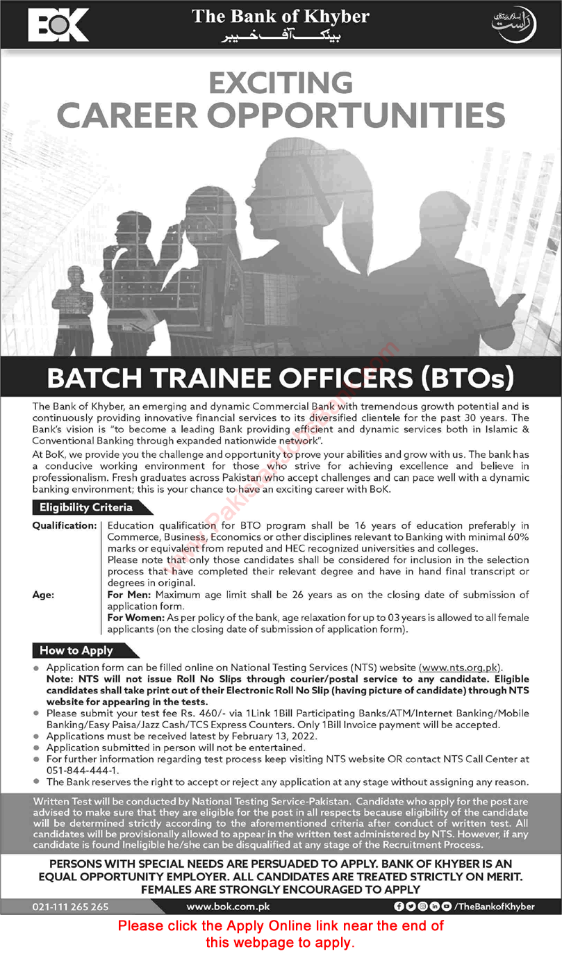 Vacancies for Batch Trainee Officers at the Bank of Khyber in 2022