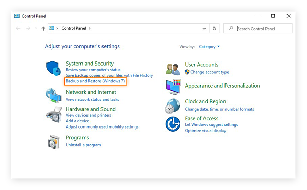 Choosing Backup and Restore in the Control Panel on Windows 10.