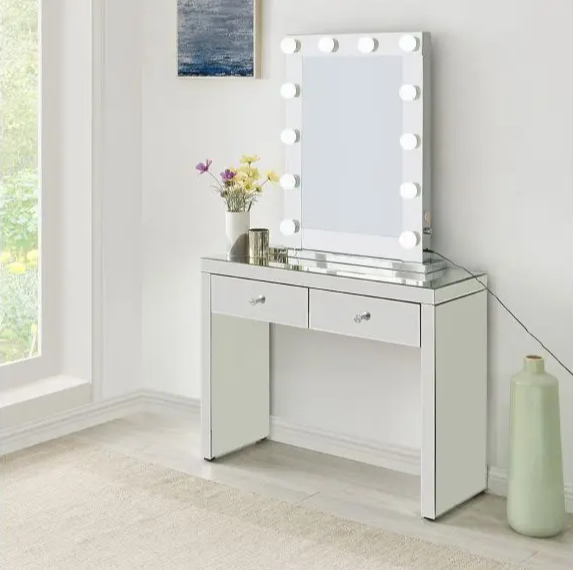 vanity mirror in a white room 