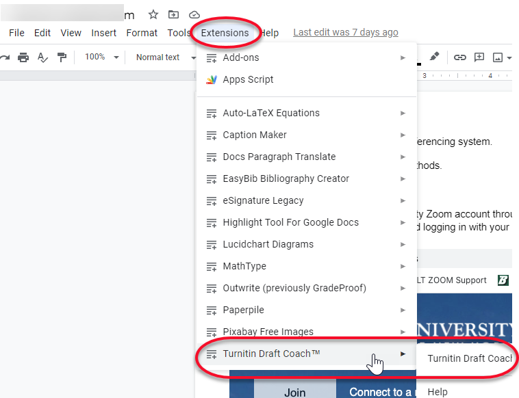 This image displays a Google Doc with the Extensions menu circled and at the very bottom of that menu Turnitin Draft Coach and its sub menu are circled.