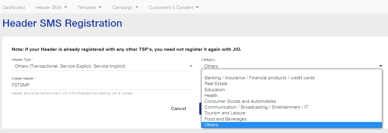 Principal entity selecting a category on Jio DLT portal | SMSCountry
