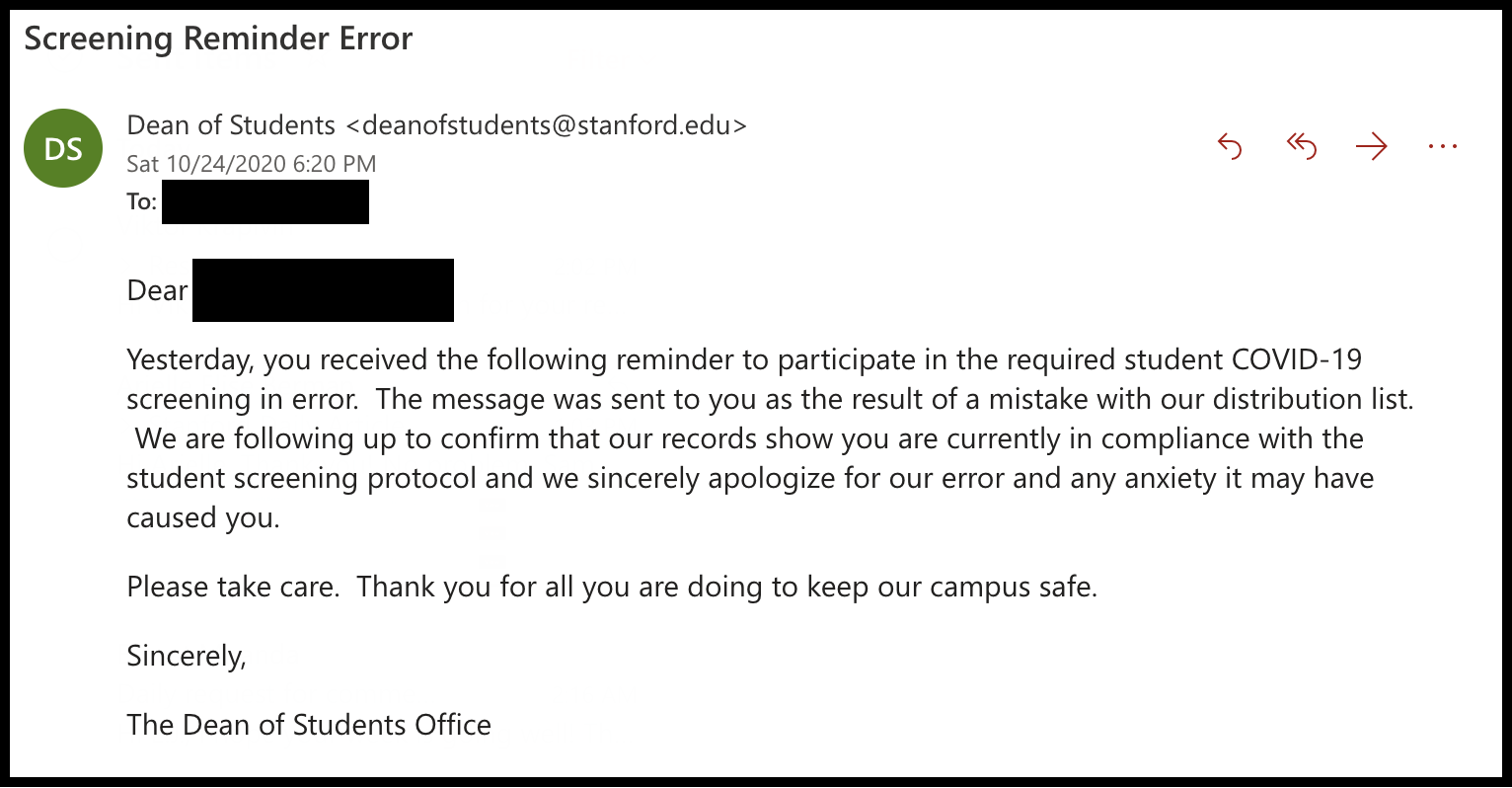 Stanford told students they weren’t compliant with weekly testing policy — but they were