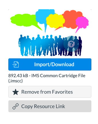 Captura de tela das opções de importar, baixar, marcar como favorito e copiar links para cada recurso do Canvas Commons.
