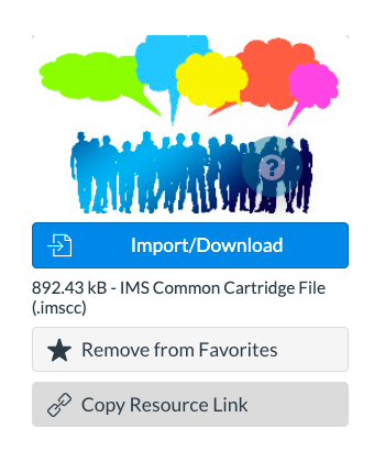 Capture d'écran des options d'importation, de téléchargement, de favoris et de copie des liens pour chaque ressource Canvas Commons.