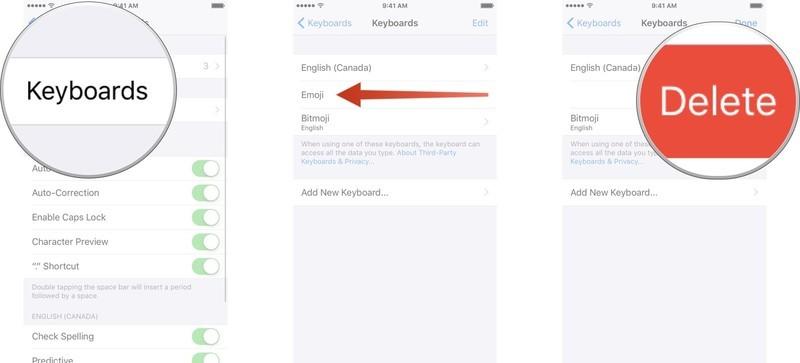 Disable emoji, showing how to tap Keyboards, then swipe left on Emoji, then tap Delete
