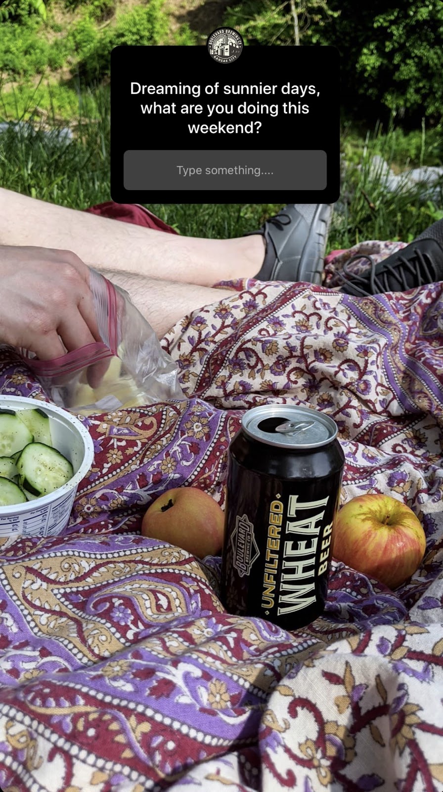 A Boulevard Beer Instagram story with a photo of a picnic outside and a question asking, 'What are you doing this weekend?'