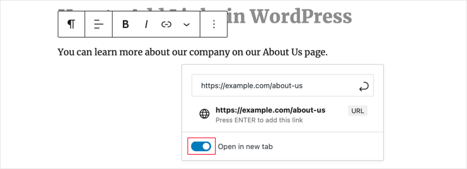 Configurando seu link para abrir em uma nova guia usando o WordPress Block Editor