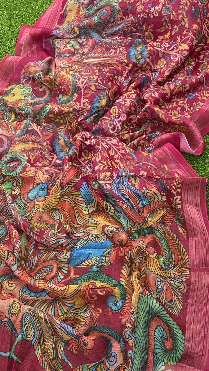 Beautiful kalamkari digital printed blended ilk sarees
