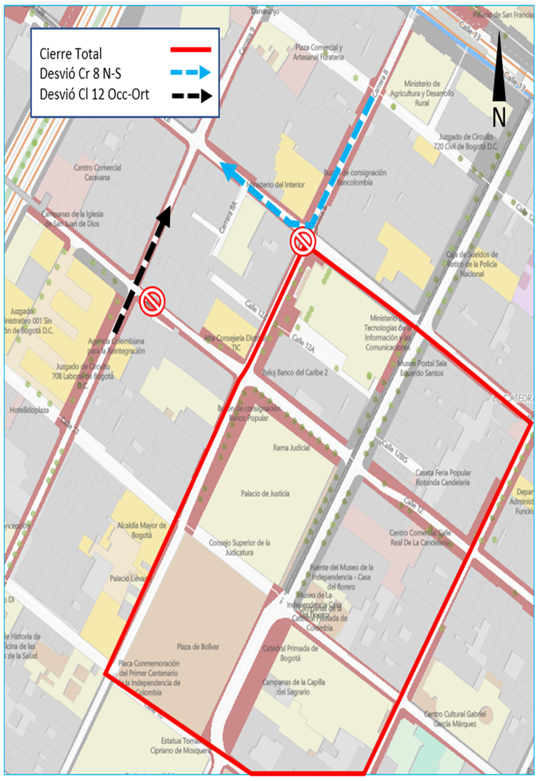 Mapa con los cierres Plaza de Bolívar 
