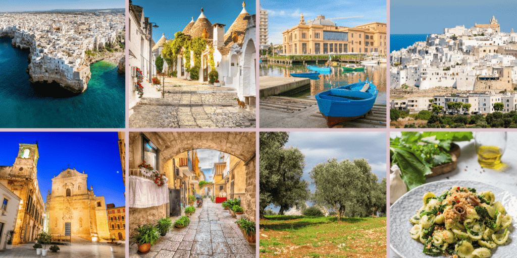 Collage of photos of a road trip to Puglia, Italy