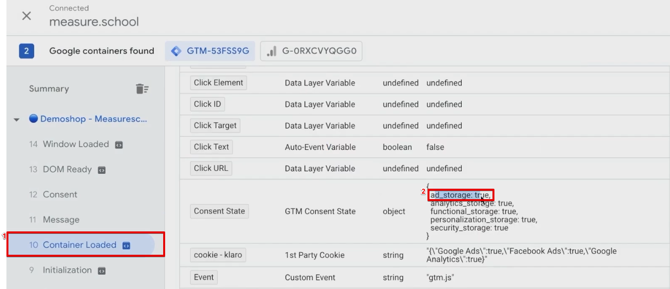 Analyzing the consent state cookie from the container loaded section of the GTM preview window 