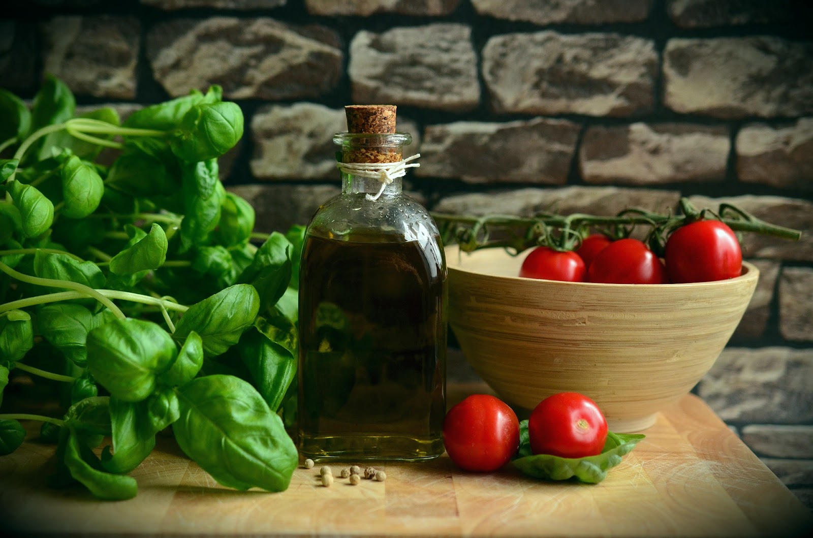 Olive oil and salad ingredients