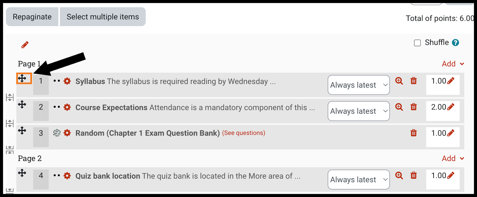 Arrow pointing to crossed arrows icon used to drag a question to a different position on the Quiz Questions page