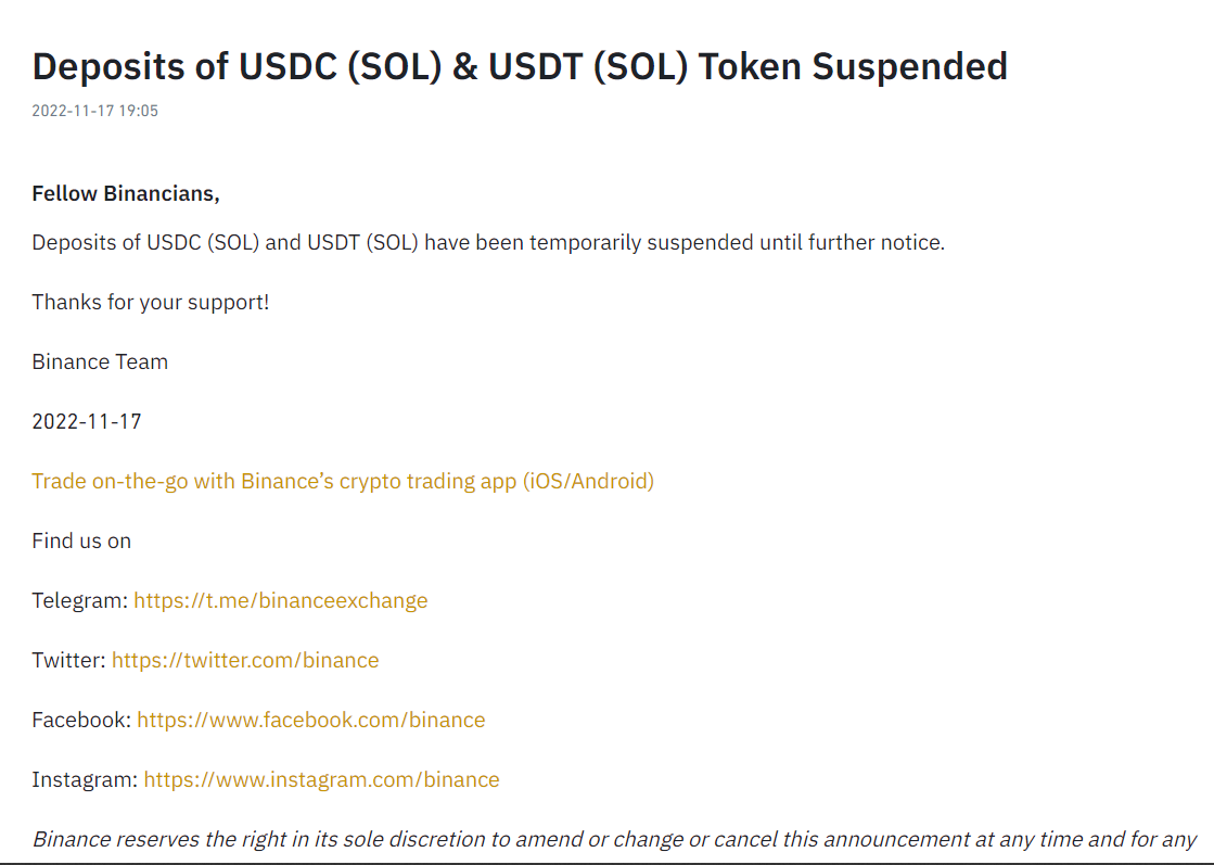 Binance ngưng hỗ trợ nạp USDC và USDC trên mạng Solana.