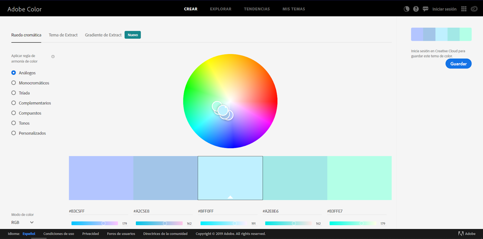 Captura de pantalla de la herramienta Adobe Color CC, útil para el diseño web. 