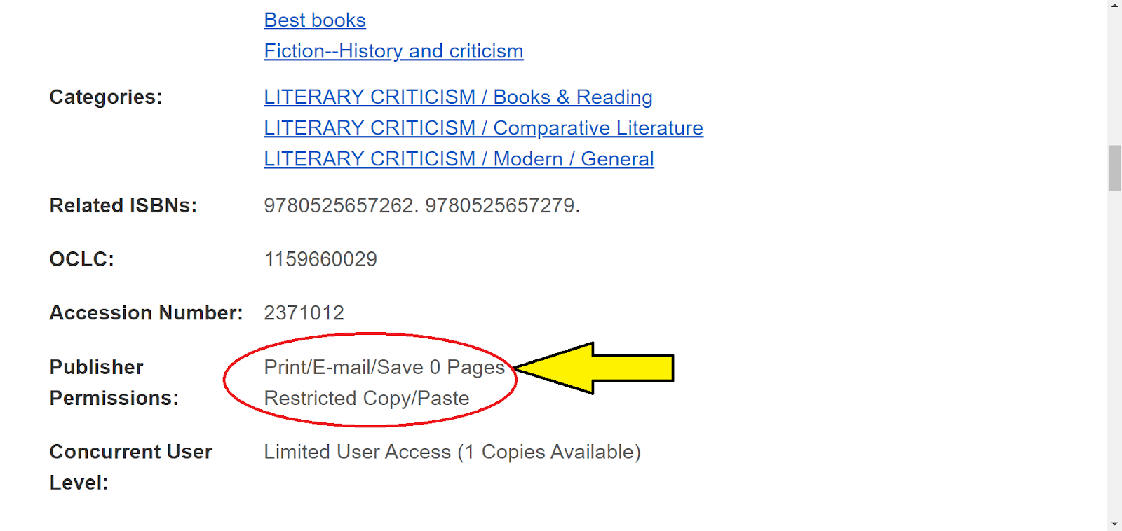 Screenshot of an item record page in EBSCOhost. Publisher Permissions restrict print, email, save, copy, and paste options. (Users can not download pages to document readers).