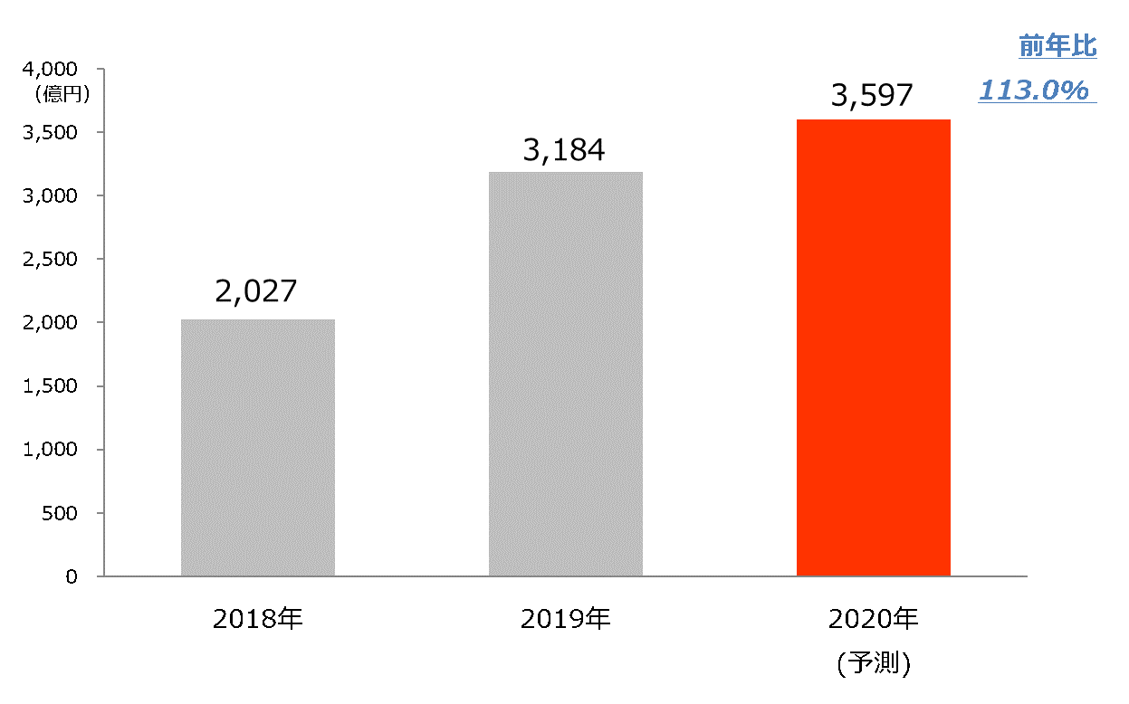 2019年 日本の広告費 インターネット広告媒体費 詳細分析グラフ 2018年：2027億円、2019年：3184億円、2020年（予測）：3597億円、前年比113.0%