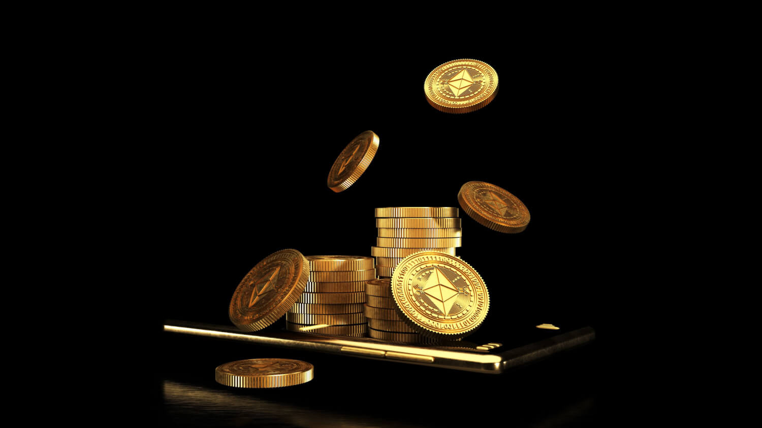 Golden Ethereum coins falling onto smartphone
