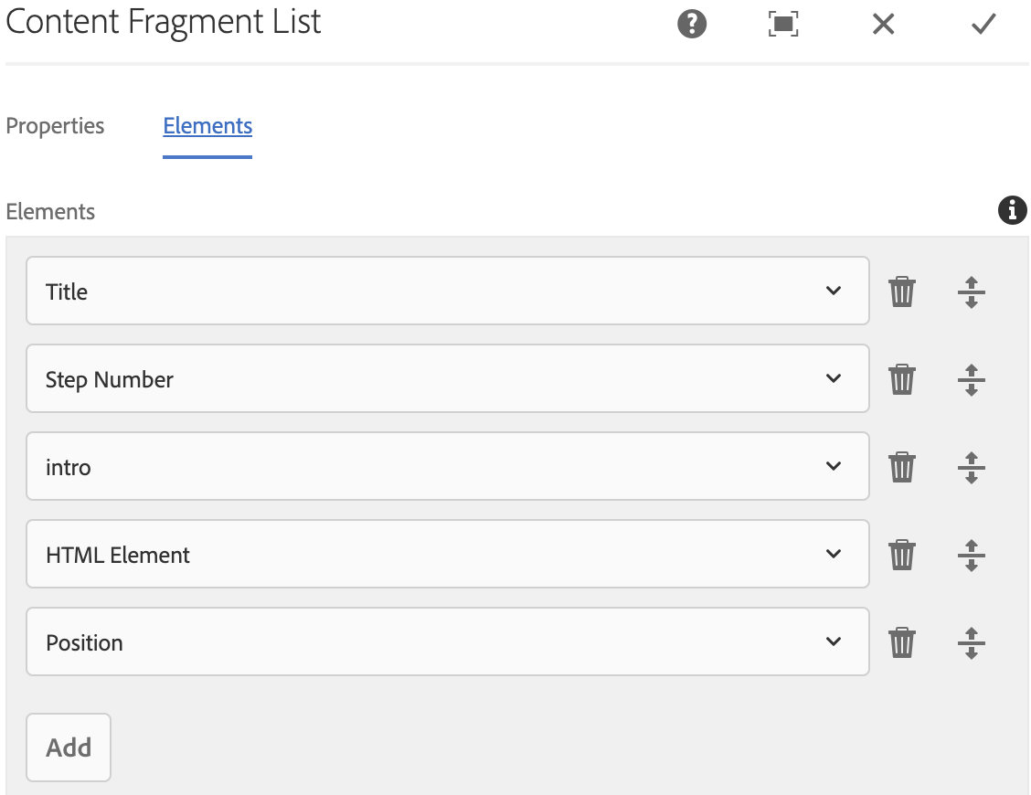 AEM Content Fragment List dialog, elements tab