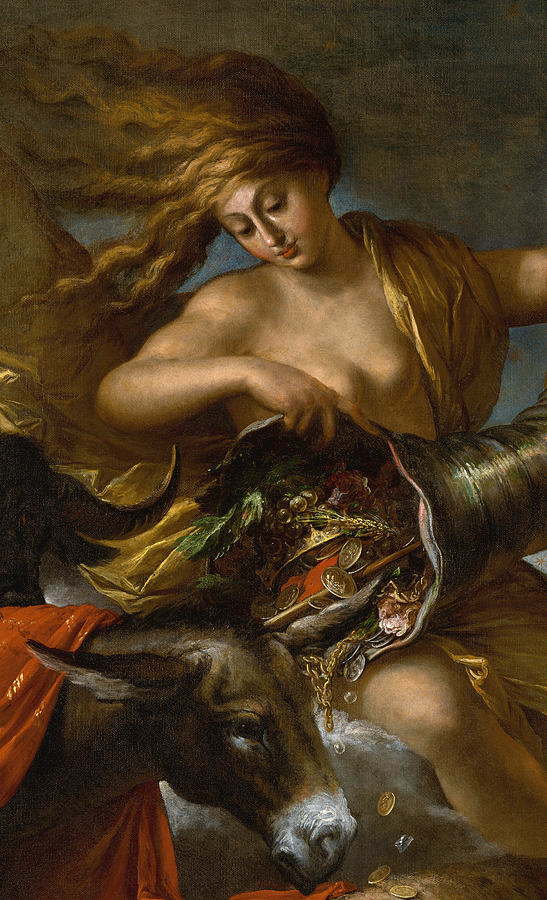 The painting Allegory of Fortune, Detail by Salvator Rosa, portrays Fortuna in a regal seated position, her gaze fixed upon a collection of precious items held within a cornucopia while a goat can be seen in front of her. 