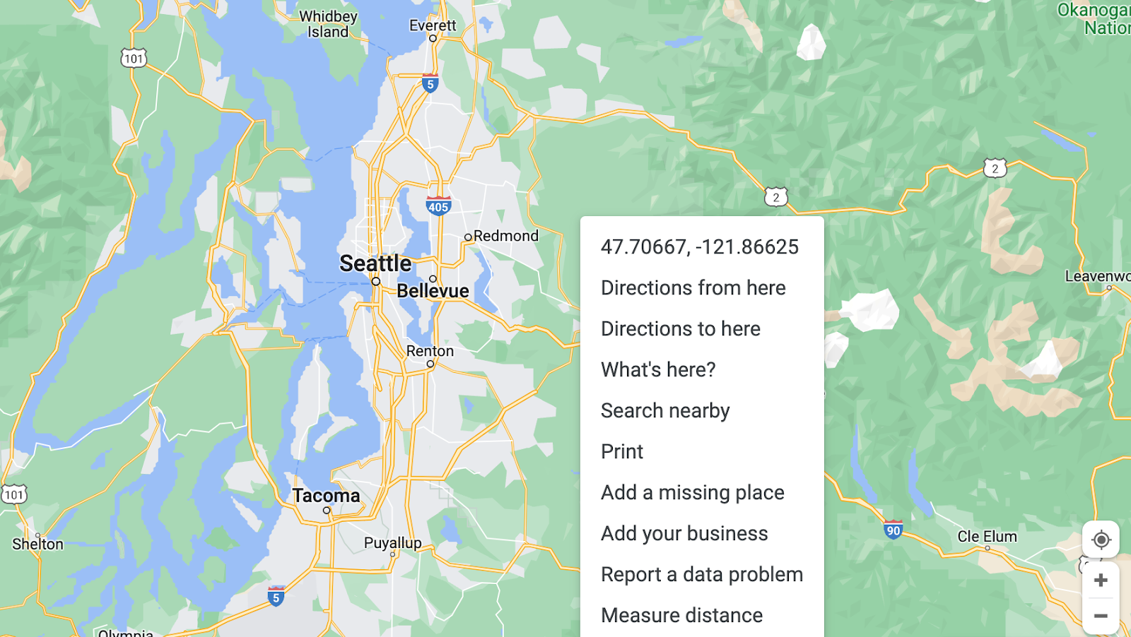 A Google Map image of the Seattle Area